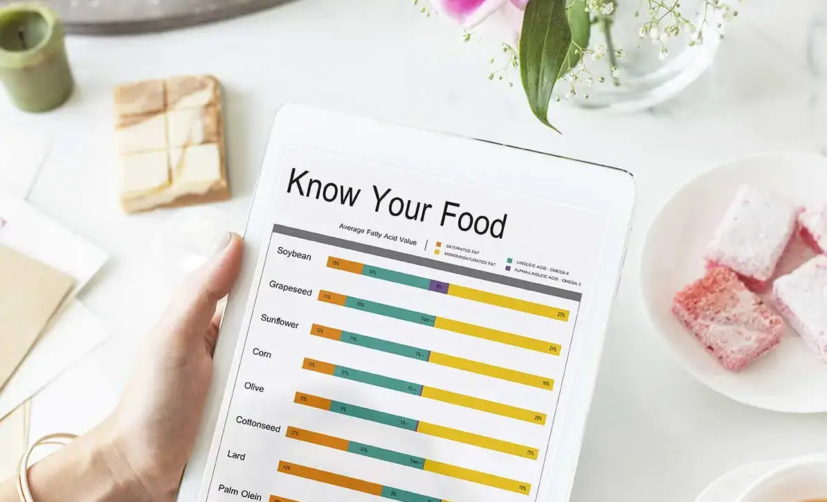 Mano sosteniendo una tablet con gráfico de valores nutricionales de alimentos.