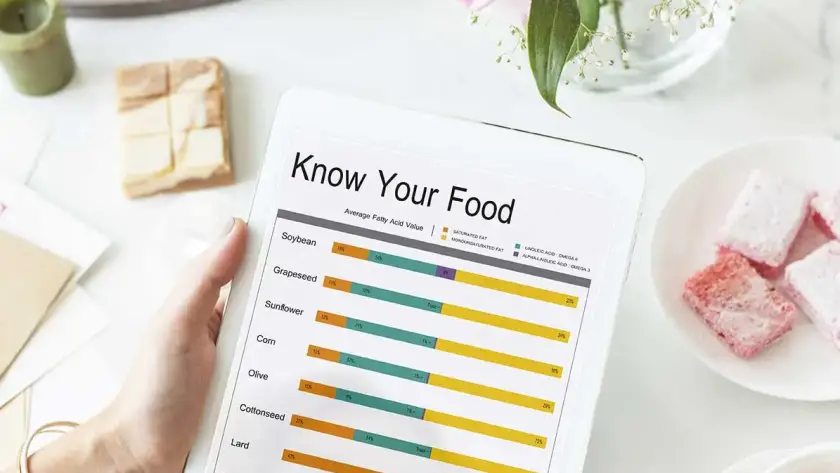 Mano sosteniendo una tablet con gráfico de valores nutricionales de alimentos.