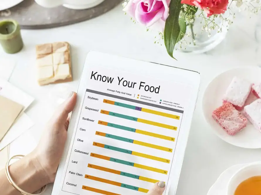 Mano sosteniendo una tablet con gráfico de valores nutricionales de alimentos.