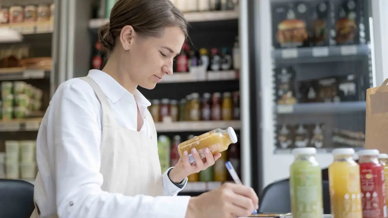 Trabajadora revisando etiquetas de un producto envasado en supermercado.